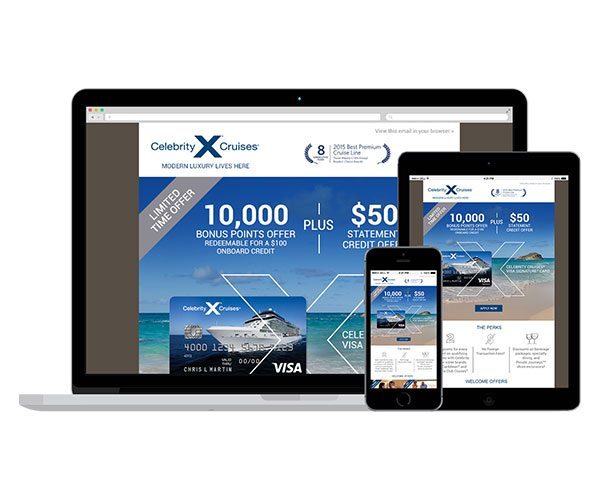 Azamara cruises digital screens showing credit card emails