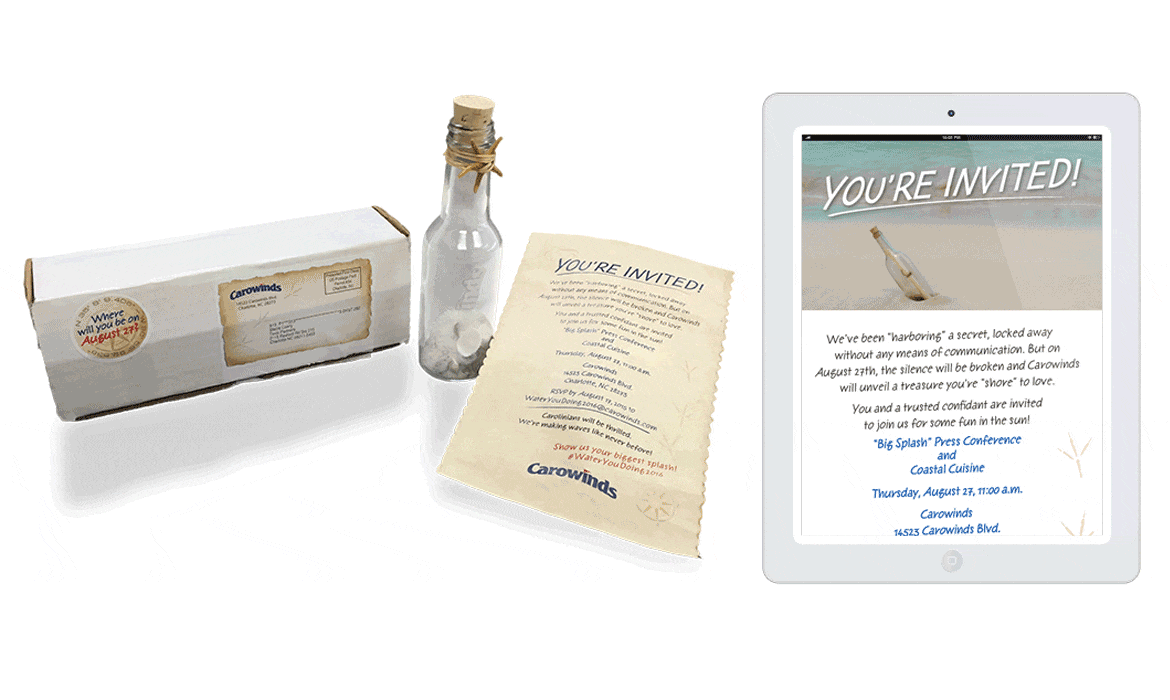 Carowinds 3D mailers showing a message in a bottle and email on tablet